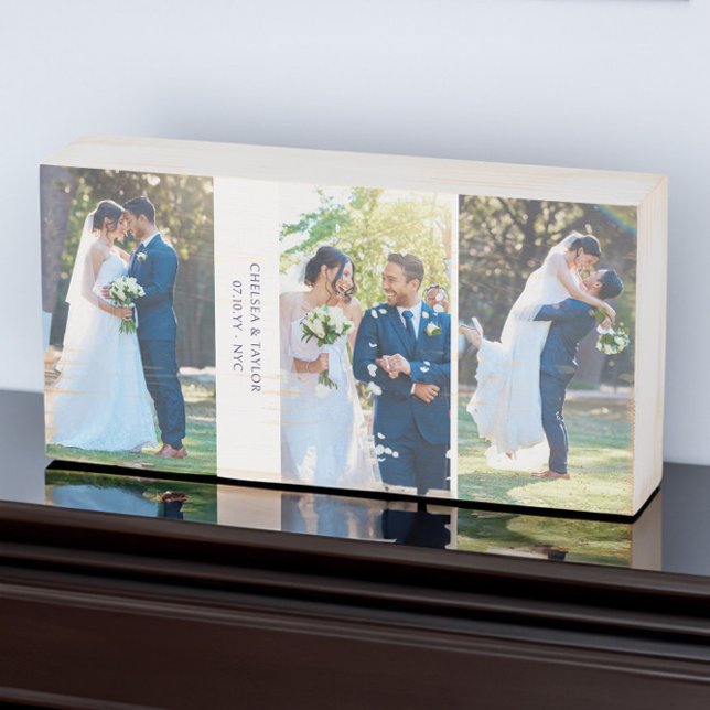Wedding Photo Collage - 3 Photos and Custom Text Wooden Box Sign (Wedding photo collage on wooden block for newlyweds or 5th wedding anniversary by Darling & May)