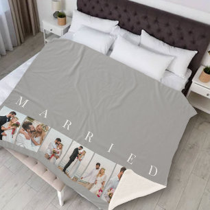 Wedding Photo Collage 7 Picture MARRIED Grey Sherpa Blanket