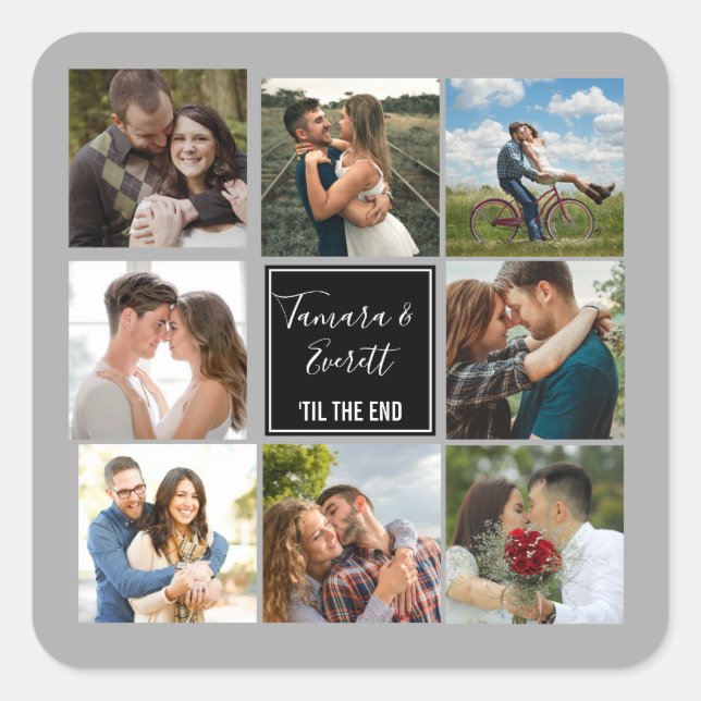 Wedding photo collage black and gray square sticker (Front)