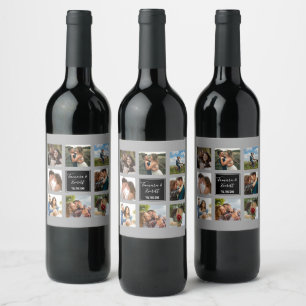 Wedding photo collage black and gray wine label