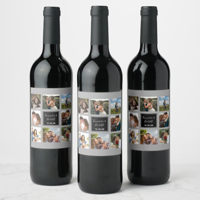 Wedding photo collage black and gray wine label (Bottles)