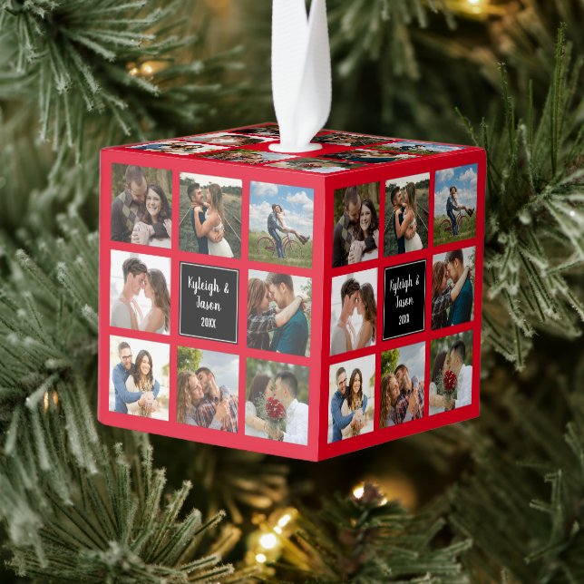 Wedding photo collage black and red cube ornament (Tree)