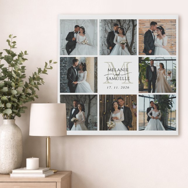 Wedding Photo Collage Bride and Groom Monogram Faux Canvas Print (Creator Uploaded)