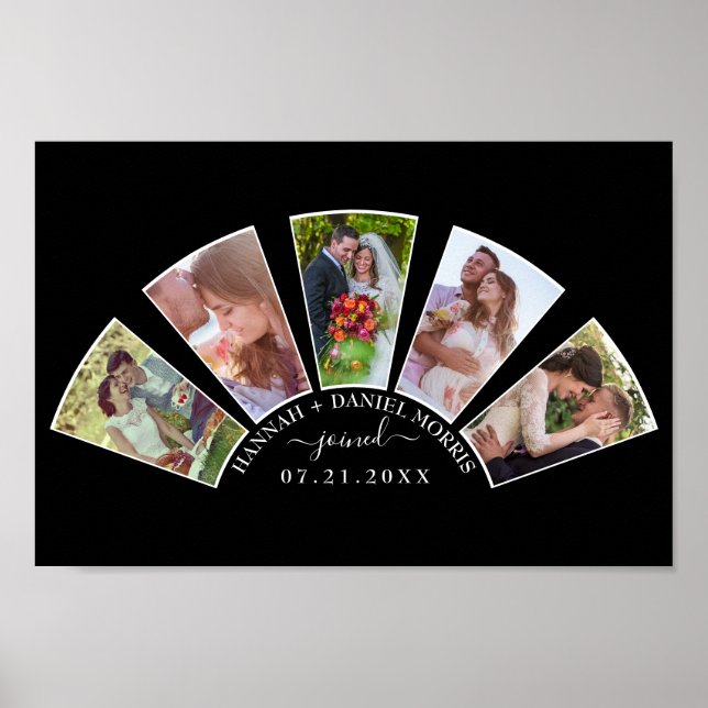 Wedding Photo Collage Fan Shape Custom Name Black Poster (Front)