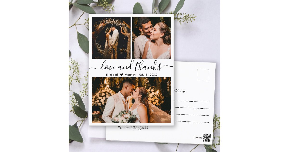 Wedding Photo Collage Love and Thanks Thank You Postcard | Zazzle