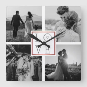 Wedding Photo Collage Love Black & White Square Wall Clock