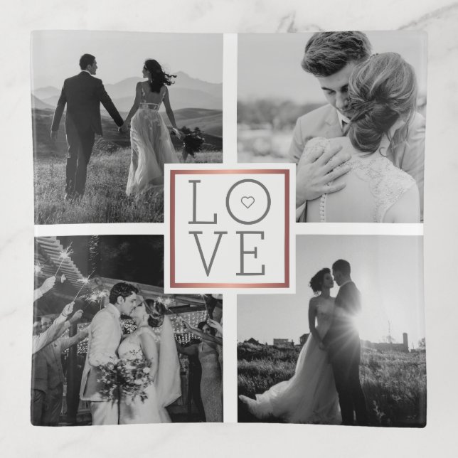 Wedding Photo Collage Love Black & White Trinket Tray (Front)