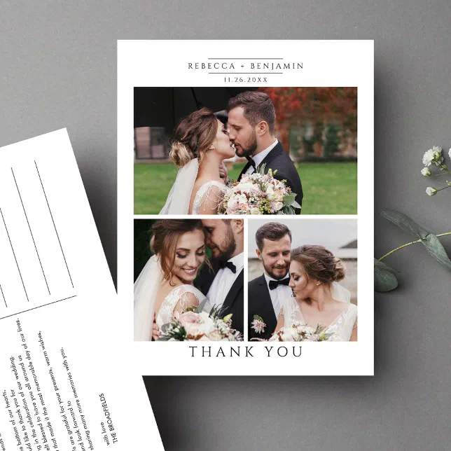 Wedding Photo Collage Minimalist Thank You Postcard | Zazzle