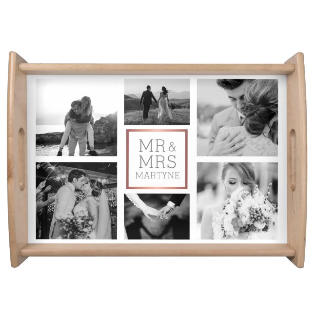 Wedding Photo Collage Mr & Mrs Black & White Serving Tray (Front)