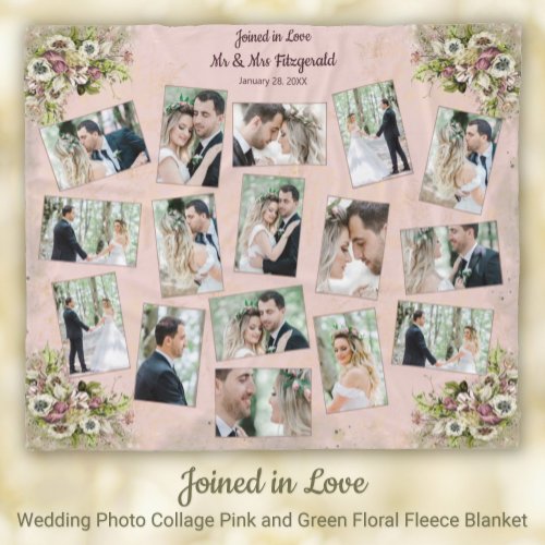 Wedding Photo Collage Pink  Green Floral Keepsake Fleece Blanket