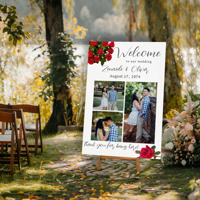 Wedding Photo Collage Red Roses Welcome Foam Board (Creator Uploaded)
