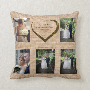 Wedding Photo Collage Rustic Hessian Heart Quote   Throw Pillow