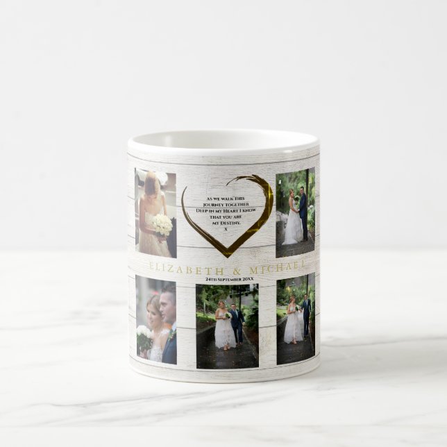 Wedding Photo Collage Rustic Simple Heart Quote Coffee Mug (Center)