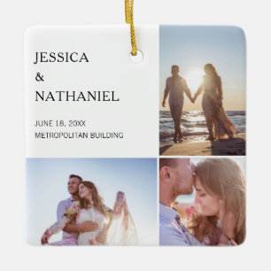 Wedding Photo Collage White Christmas Ceramic Ornament