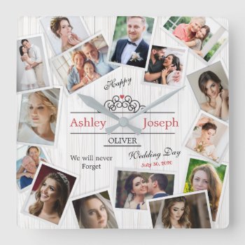 Wedding Photo Collage Wooden Texture Wall Clock by Pick_Up_Me at Zazzle