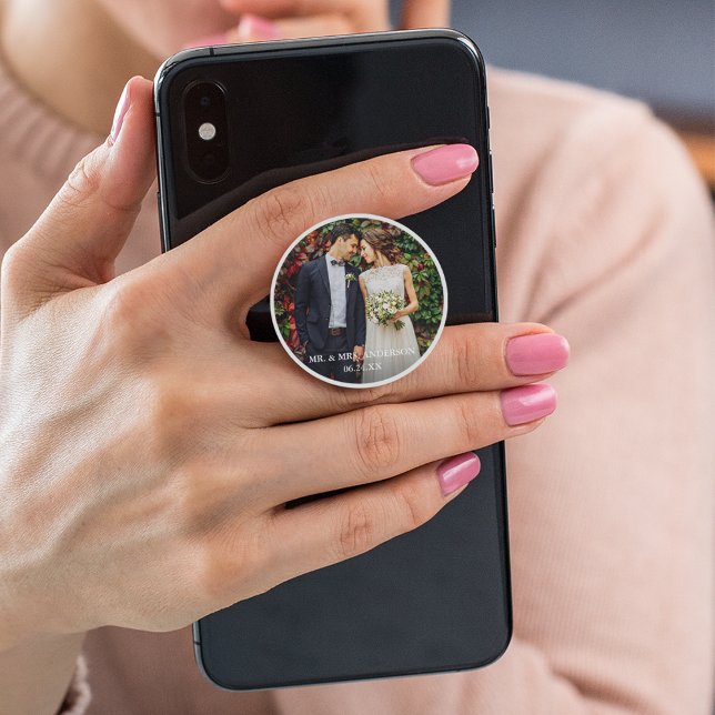 Wedding Photo Couple Names and Date PopSocket (Customize to change text size or text style)