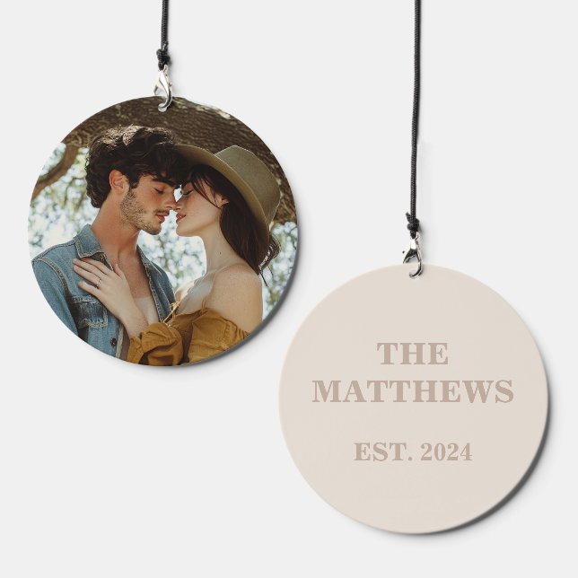 Wedding Photo Cream Taupe Family Name Established Wind Chime (Front & Back)