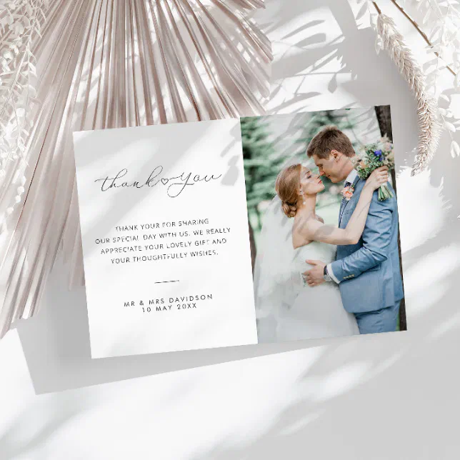 wedding photo delicate lettering thank you card | Zazzle