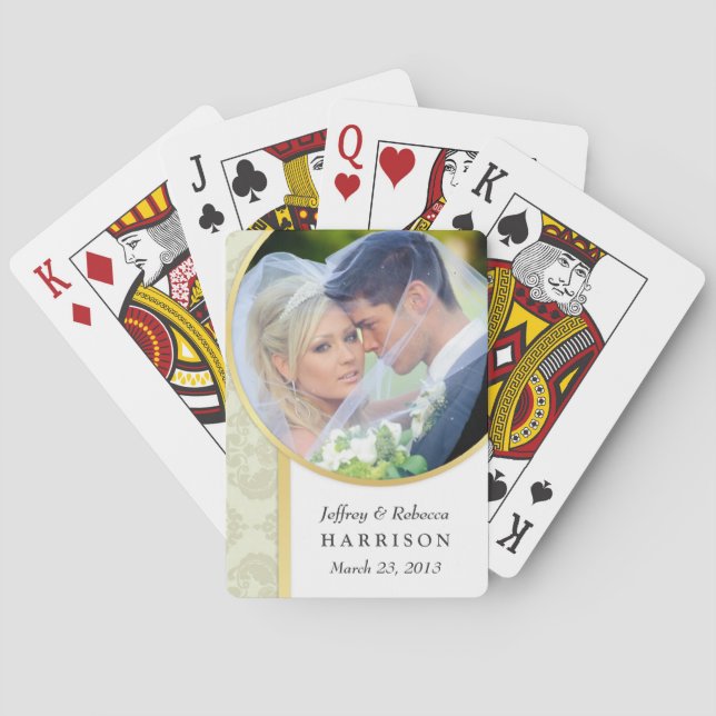 Wedding Photo Ecru Damask Playing Cards (Back)