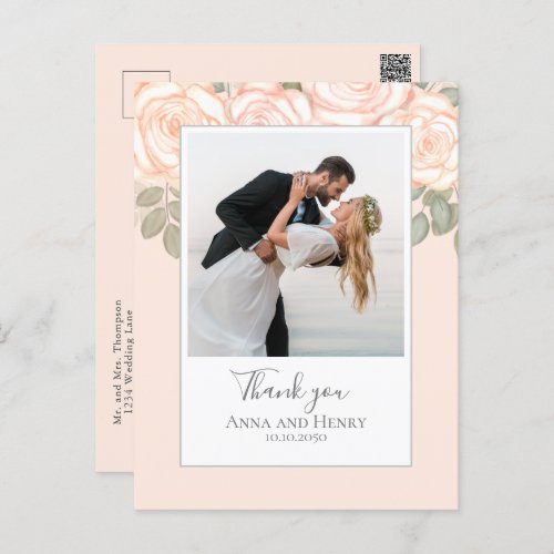 Wedding Photo Elegant Blush Pink Thank You Postcard