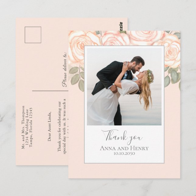 Wedding Photo Elegant Blush Pink Thank You Postcard (Front/Back)