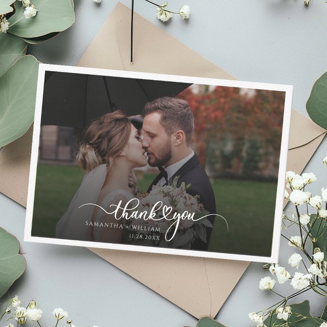 Wedding Photo Elegant Script Hand-Lettered Thank You Card (Elegant Script Photo Newlyweds Wedding Thank You Card)