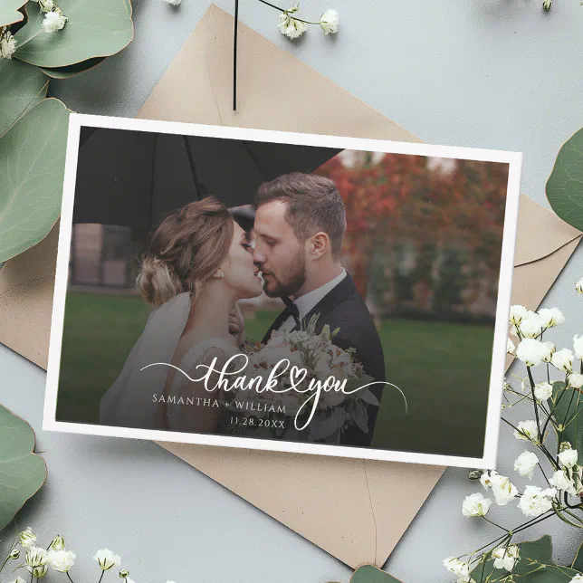 Wedding Photo Elegant Script Hand-Lettered Thank You Card | Zazzle