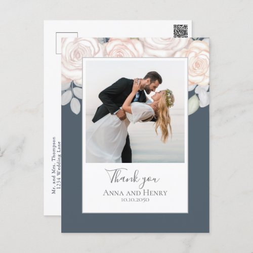 Wedding Photo Elegant Thank You Floral Grey Postcard