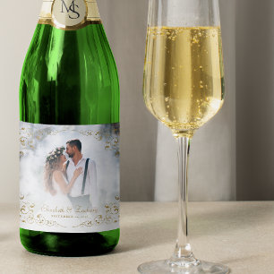 Wedding Photo Elegant Vintage Gold Botanical Frame Sparkling Wine Label