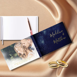 Wedding Photo Evening Sky Moon Gold Stars Blue Foil Guest Book