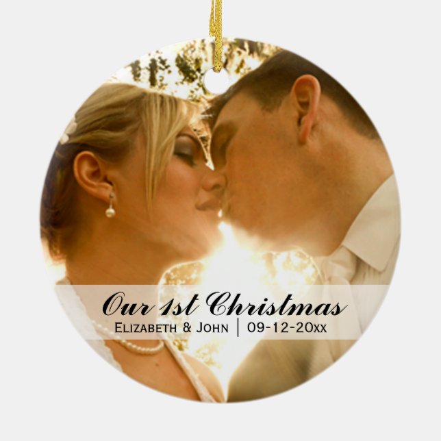 Wedding Photo First Christmas Ceramic Ornament (Back)