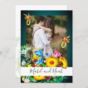 Wedding Photo Floral Bees Emerald Gold Eco Invitation