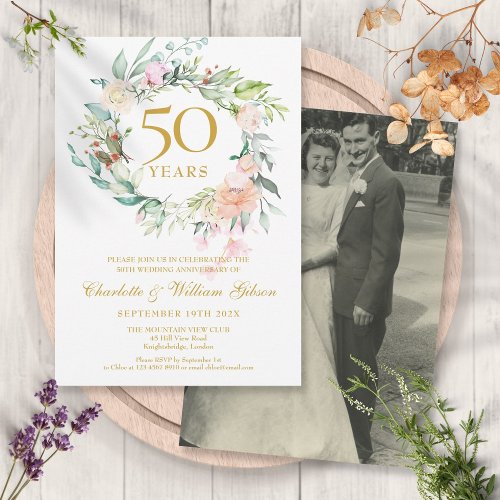 Wedding Photo Floral Garland 50th Anniversary Invitation