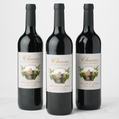 Wedding Photo Floral Geometric Calla Lilies Marble Wine Label