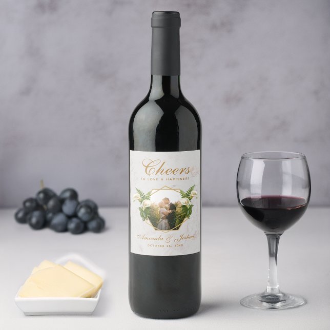 Wedding Photo Floral Geometric Calla Lilies Marble Wine Label (Creator Uploaded)