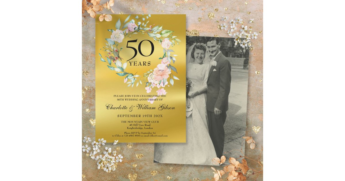 Wedding Photo Floral Gold Foil 50th Anniversary Invitation | Zazzle
