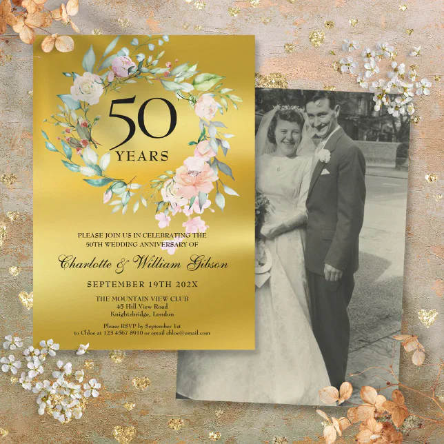 Wedding Photo Floral Gold Foil 50th Anniversary Invitation | Zazzle