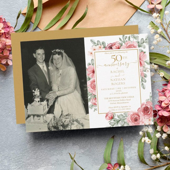 Wedding Photo Floral Rose 50th Golden Anniversary  Invitation (Creator Uploaded)