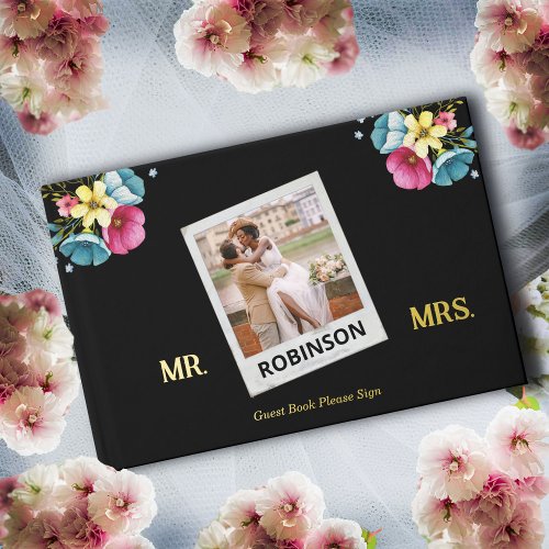 Wedding Photo Flowers Gold Elegant Personalize  Foil Guest Book