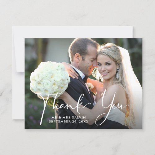 Wedding Photo Front  Blue White Floral Back Thank You Card