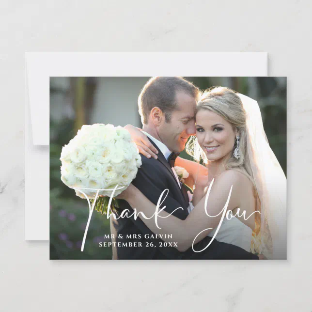 Wedding Photo Front | Blue White Floral Back Thank You Card | Zazzle