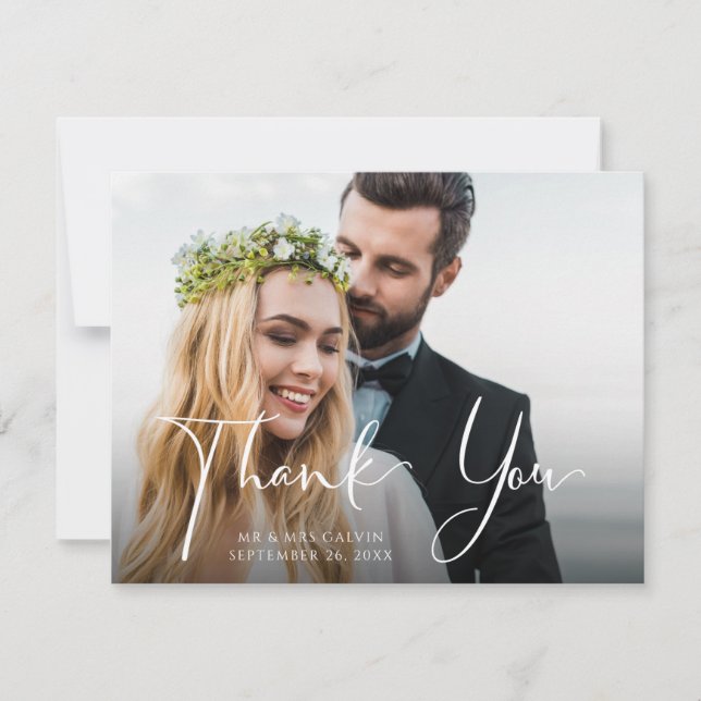 Wedding Photo Front | Blue & White Floral Back Thank You Card (Front)