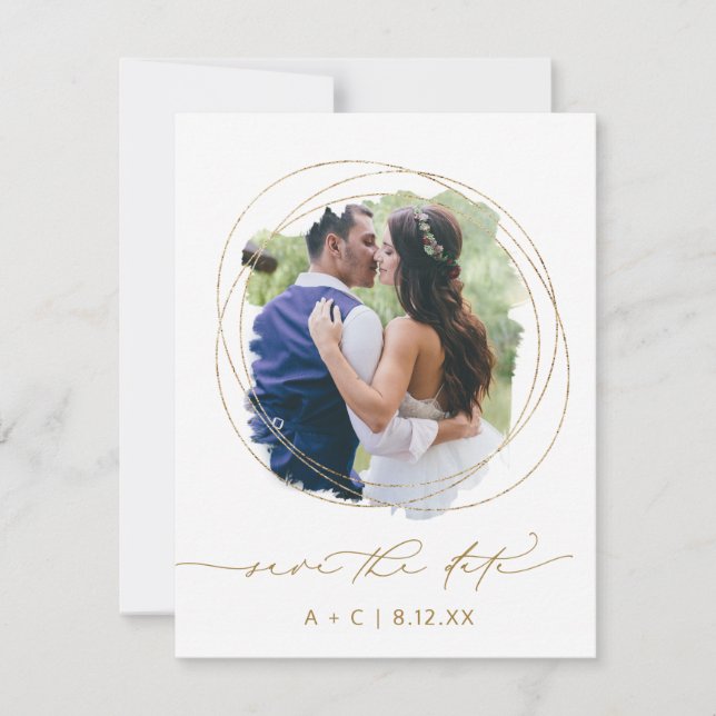 Wedding Photo Geometric Greenery Watercolor Save The Date (Front)