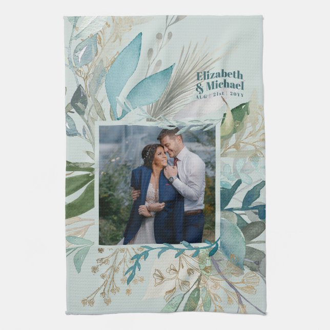 Wedding Photo Gift GREENERY Modern Custom Chic Kitchen Towel (Vertical)