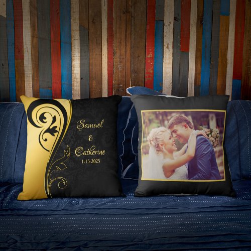 Wedding Photo Gold Black Personalize Throw Pillow