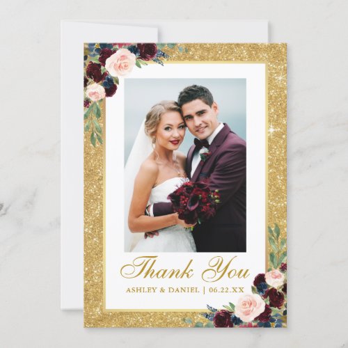 Wedding Photo Gold Glitter Burgundy Blue Floral Thank You Card