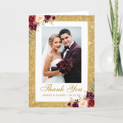 Wedding Photo Gold Glitter Burgundy Floral Fold Thank You Card