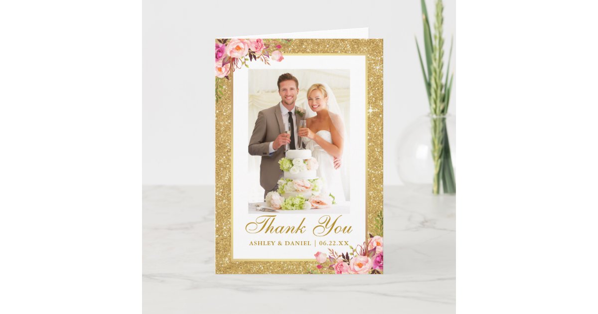Wedding Photo Gold Glitter Pink Floral Fold Thank You Card | Zazzle