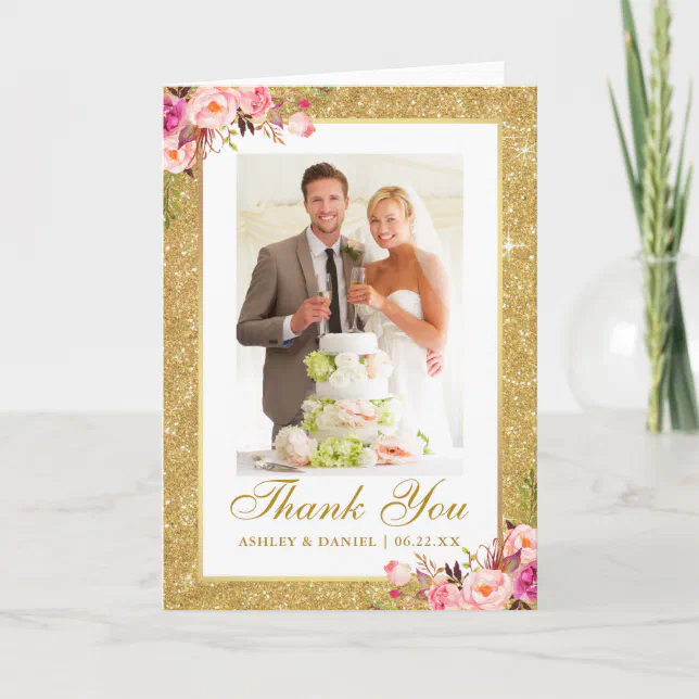 Wedding Photo Gold Glitter Pink Floral Fold Thank You Card | Zazzle