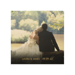 Wedding Photo Gold Name and Date Keepsake Wood Wall Decor